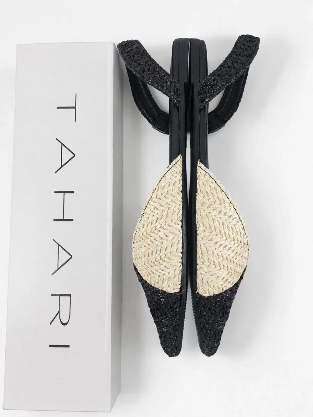 Tahari Rio Black Ivory Raffia Woven Slingback Flats Multiple Sizes